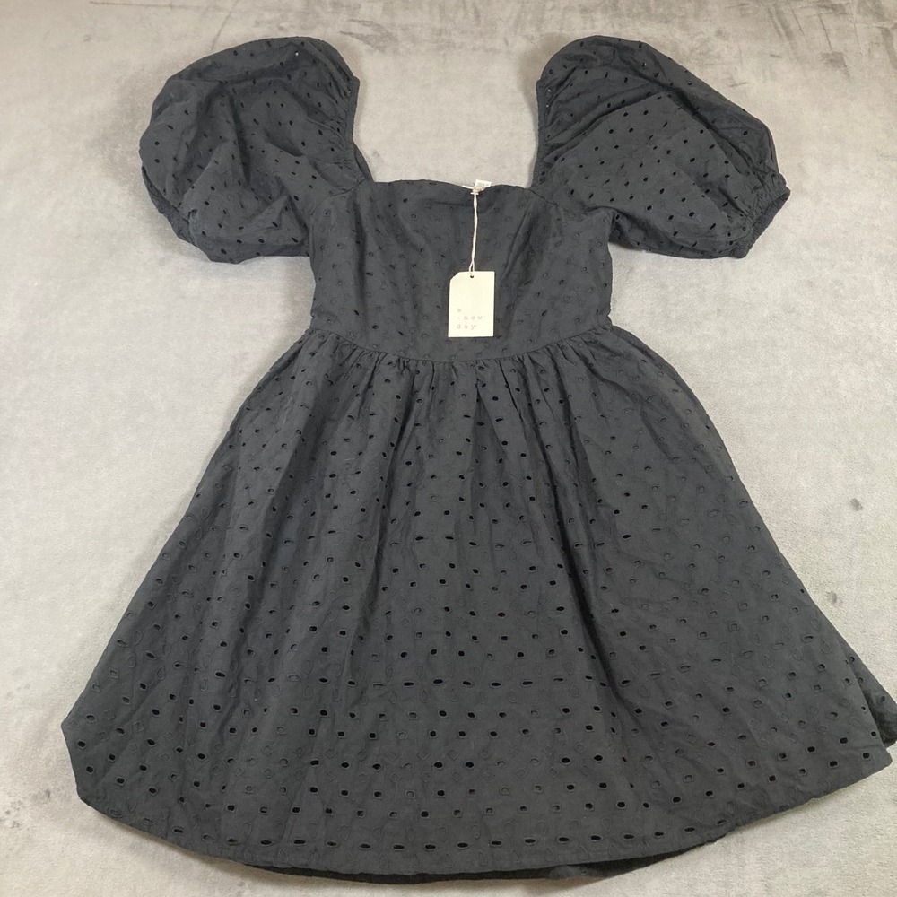 A New Day Black Eyelet Puff Sleeve Mini Dress Square Neck Cutout Smocked Small
